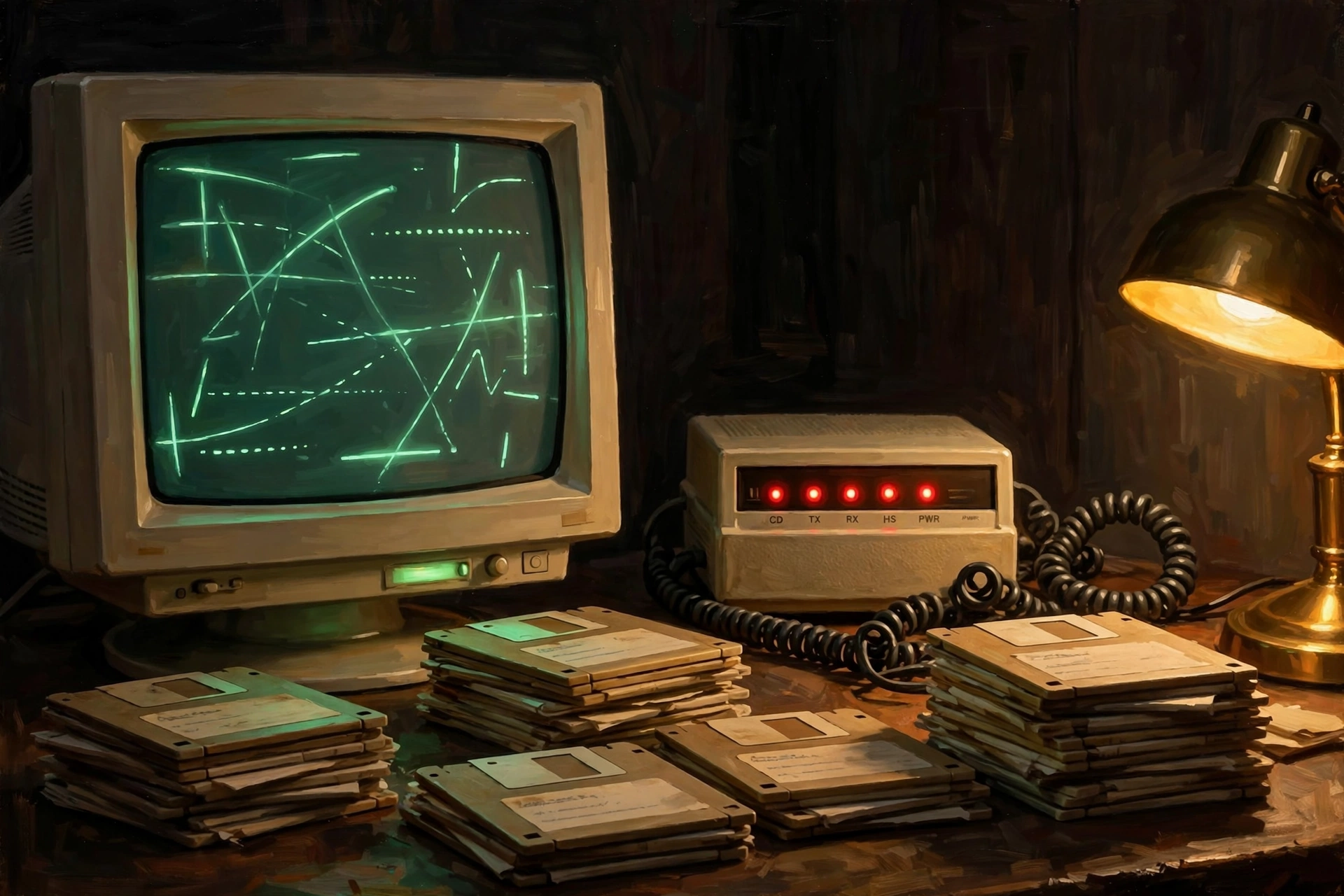 A 1980s CRT monitor glowing green in a dark room, beside a modem and floppy disks