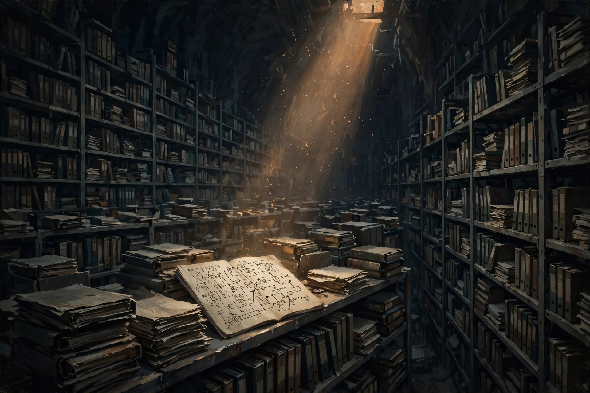 Endless archive shelves of scanned manuals in darkness, one open memo lit by a shaft of amber light