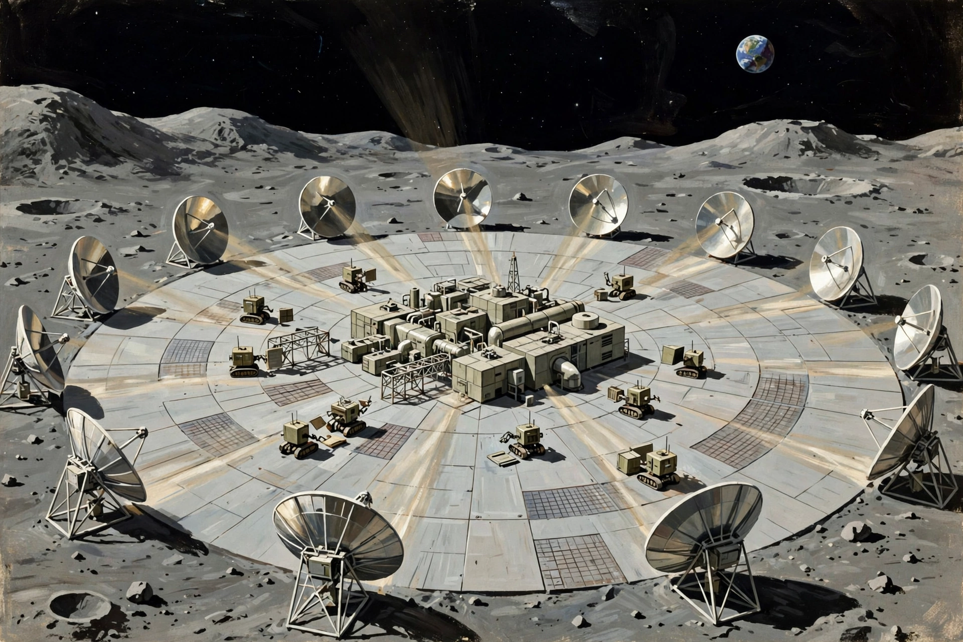 Vintage NASA concept art of a self-replicating lunar factory