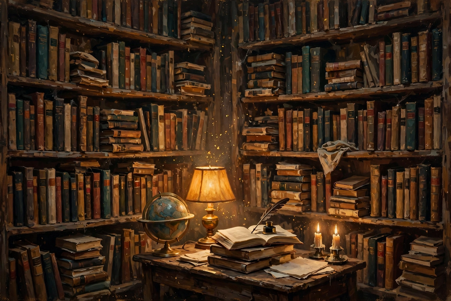 A one-person library: tall shelves of old books, a desk with a lamp and open volumes