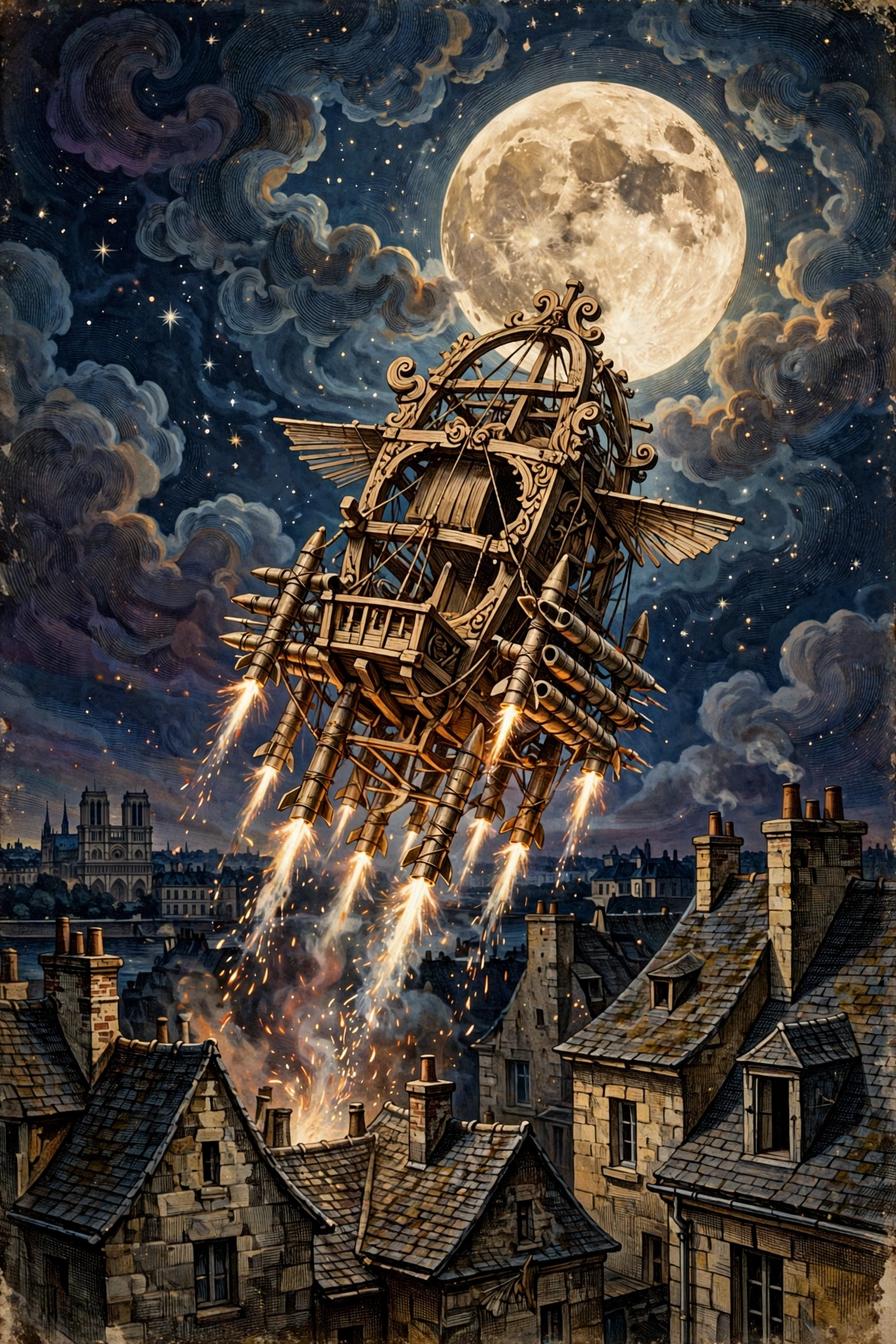 A 17th-century style flying machine festooned with fireworks rockets lifting toward a full moon