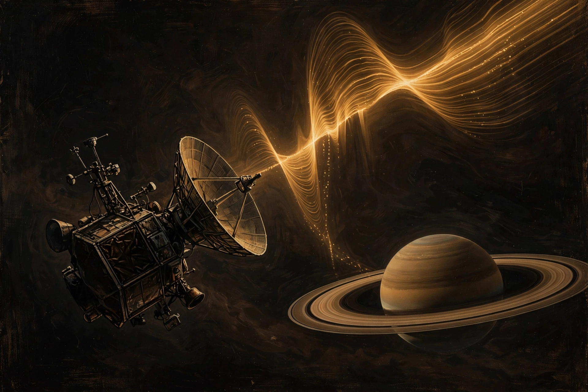 A spacecraft's dish antenna receiving a glowing amber waveform above Saturn