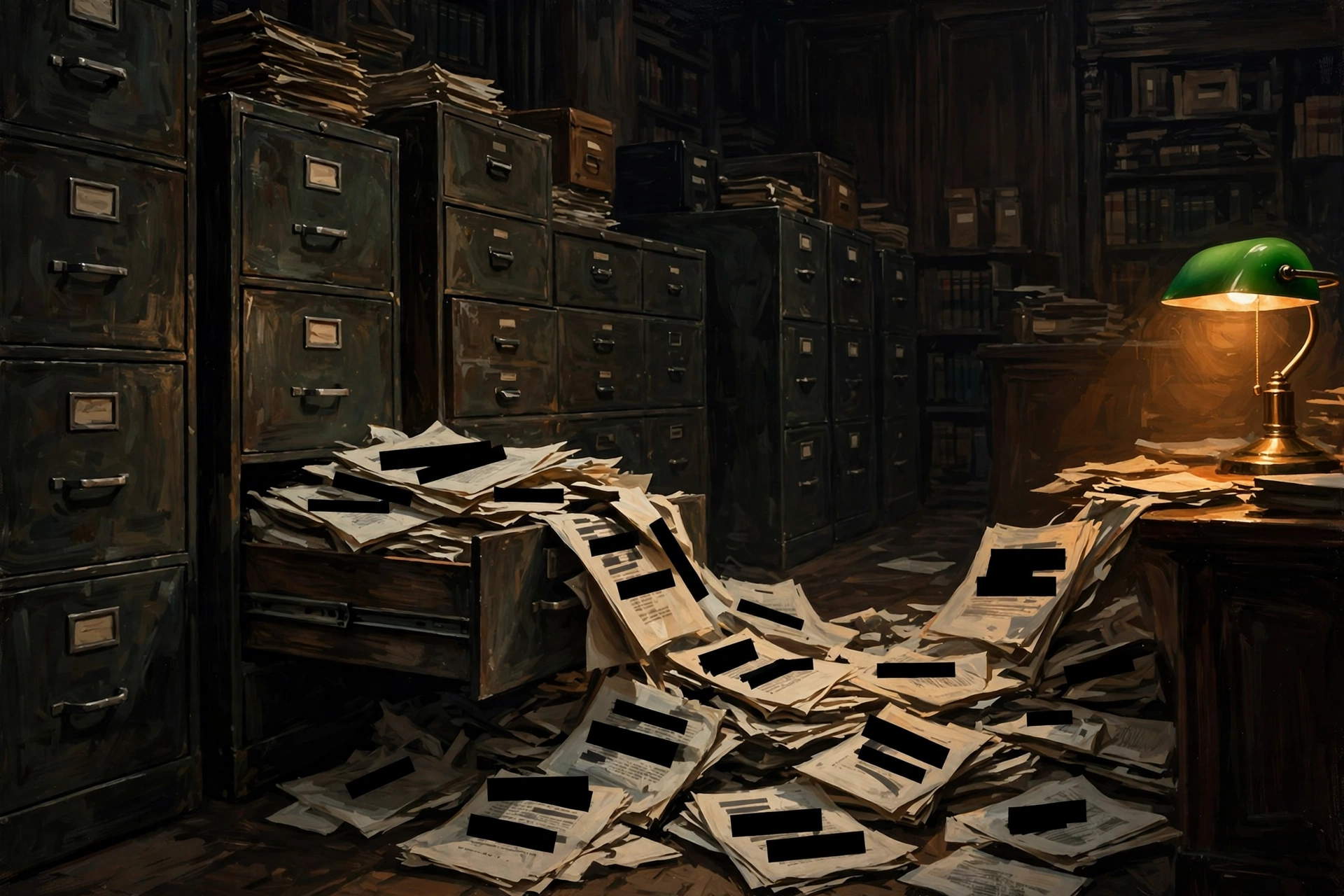 A dim reading room of steel filing cabinets, one drawer open with redacted documents under a banker's lamp