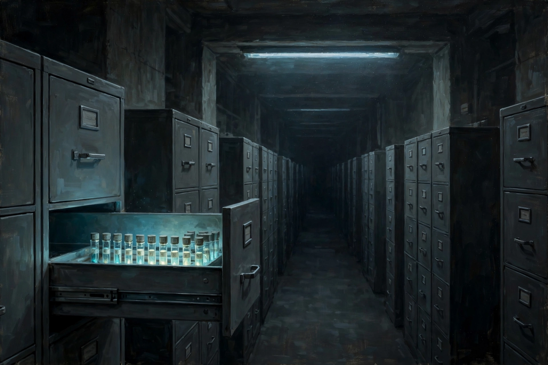 Endless grey filing cabinets in a dark records hall, one drawer open on faintly glowing specimen vials