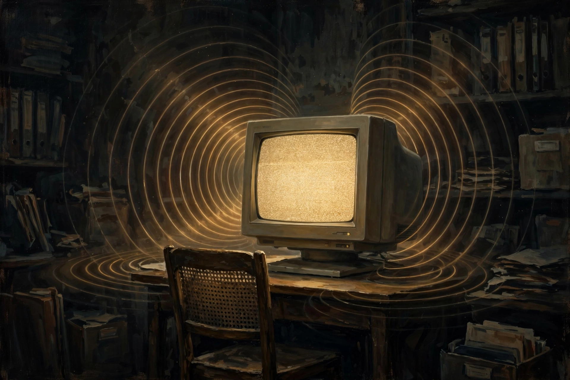 A 1990s CRT monitor in a dark room, amber electromagnetic rings pulsing from its screen toward an empty chair