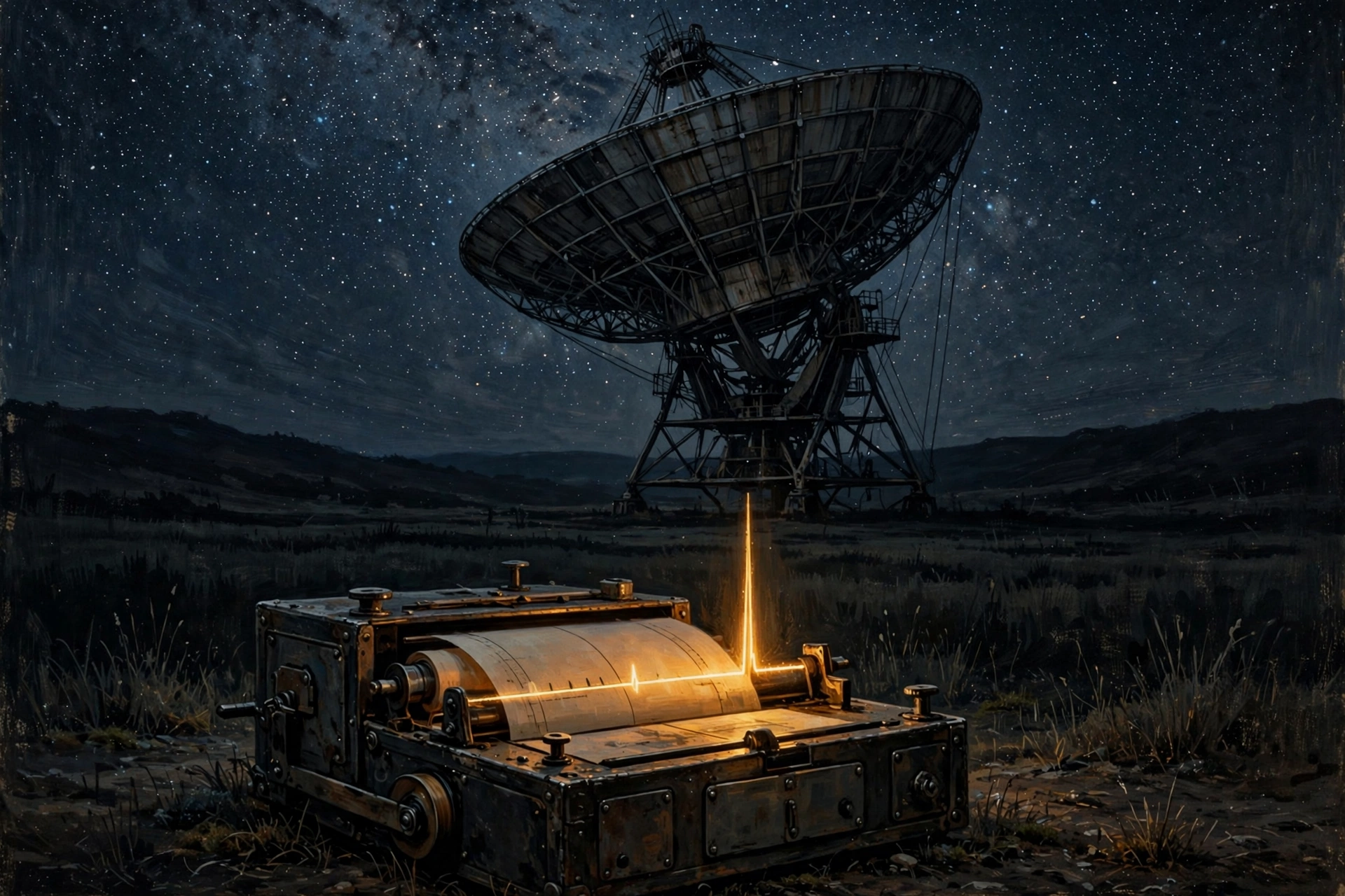 A great radio telescope dish at night above a paper chart recorder tracing one bright signal spike