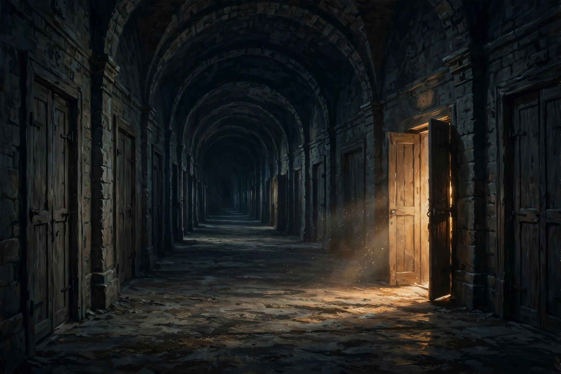 A dark vaulted corridor of tall unmarked wooden doors, one standing ajar with warm light spilling out